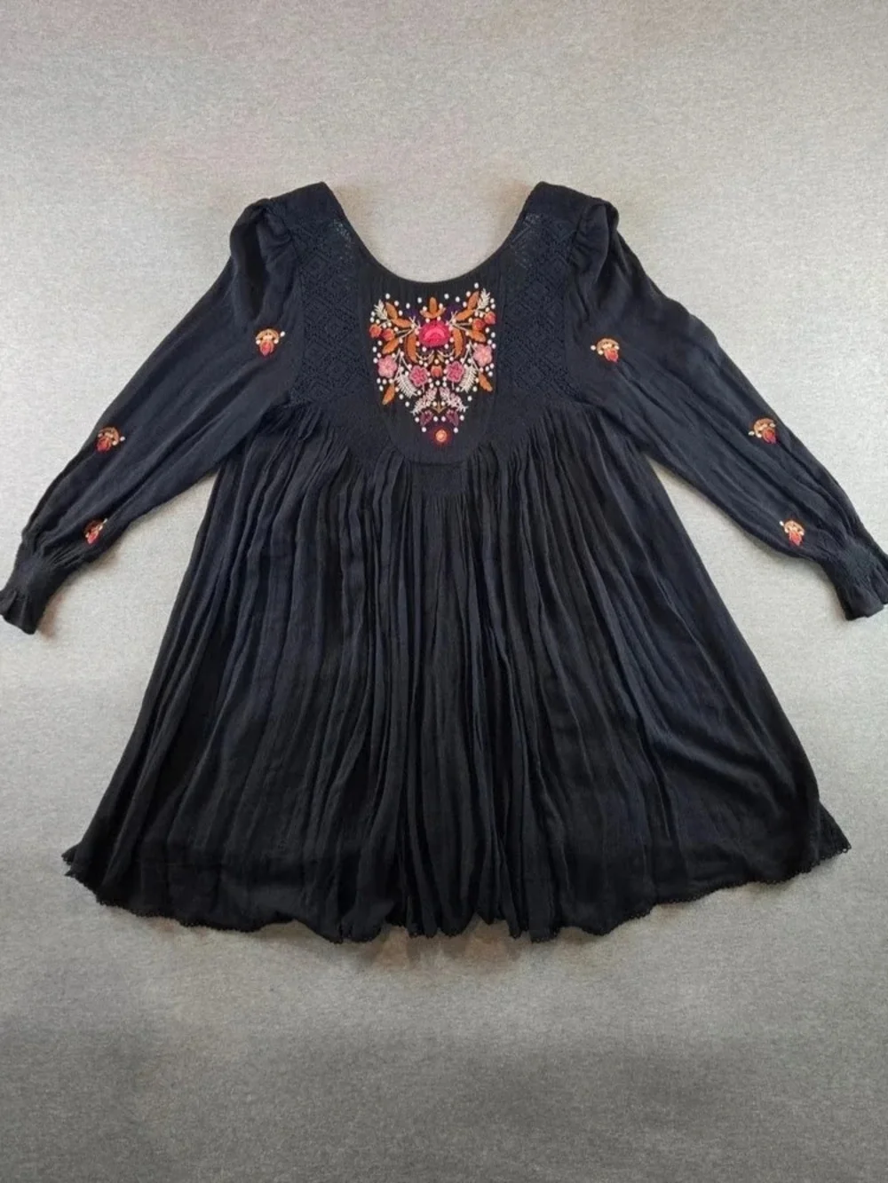 Free People Black Mini Dress with Pink & Orange Embroidery